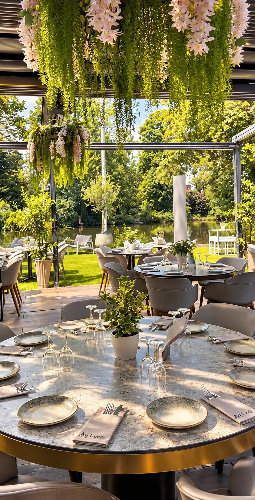 Sommertag auf der Terrasse des Âu Lac: ein gedeckter runder Marmortisch mit Grünpflanze unter der Pergola mit Blütenranken, dahinter die Wiese und der Fluss