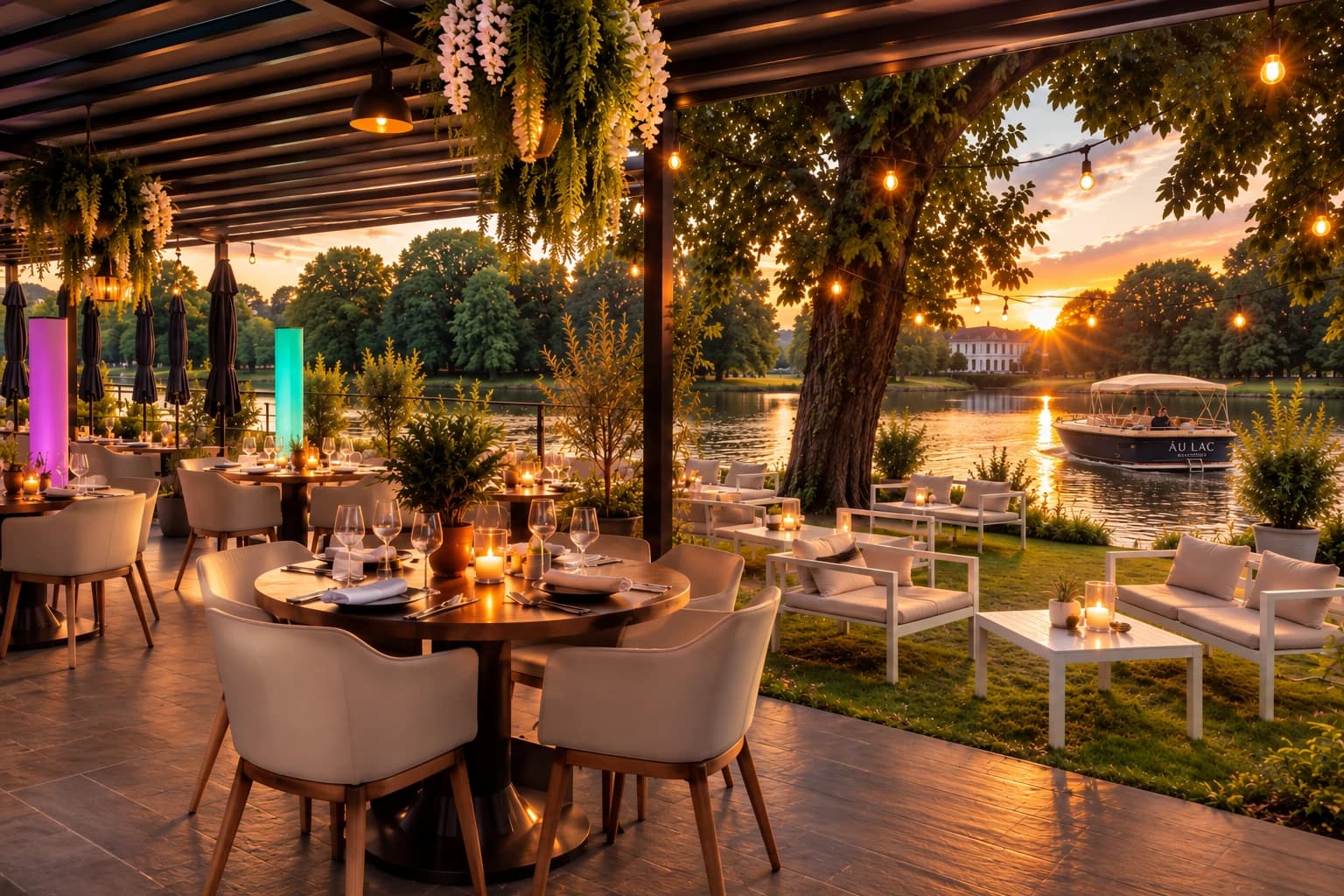 Terrasse des Âu Lac bei Sonnenuntergang: gedeckte Tische unter der begrünten Pergola, dahinter die Lounge auf der Wiese am Fluss und das Boot Âu Lac Riverside im Gegenlicht