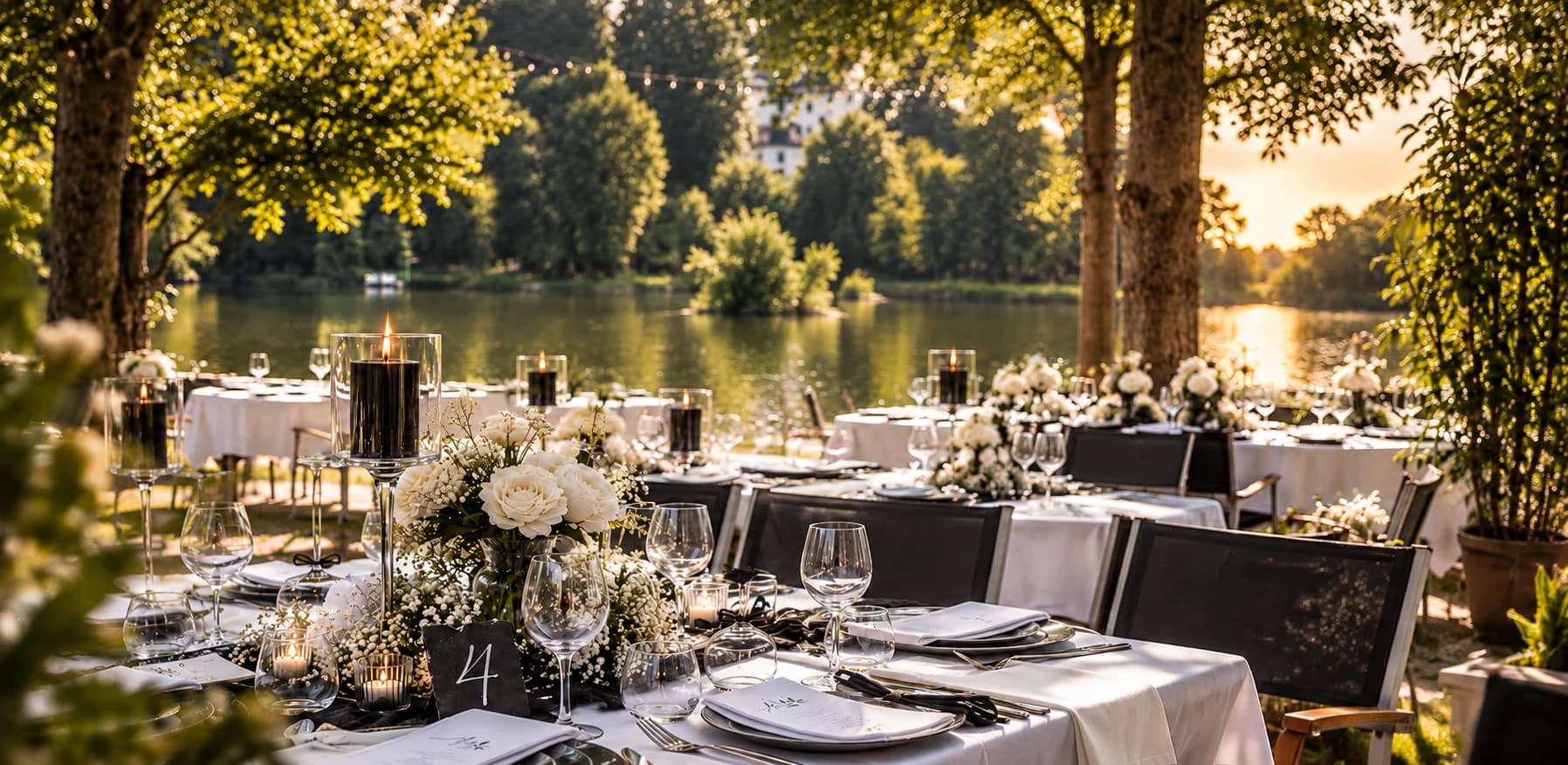 Festlich gedeckte Tafeln mit weißen Rosen, schwarzen Kerzen und Tischnummer 4 unter Bäumen am Fluss im Abendlicht