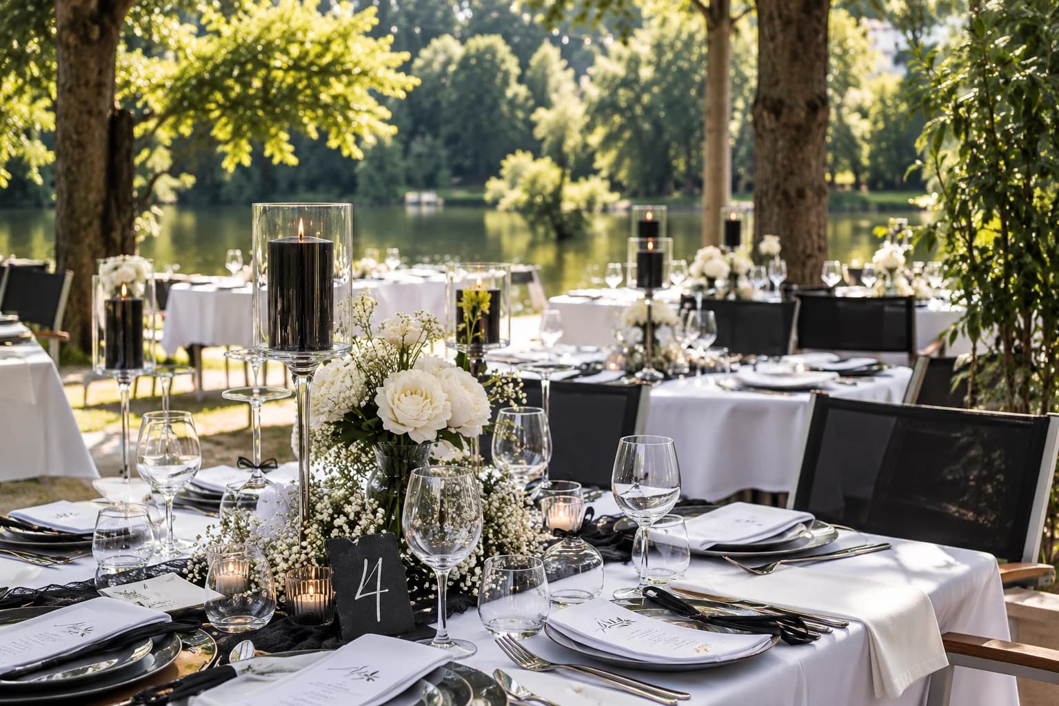 Festlich gedeckte Tafeln mit schwarzen Kerzen und weißen Blumen am Fluss