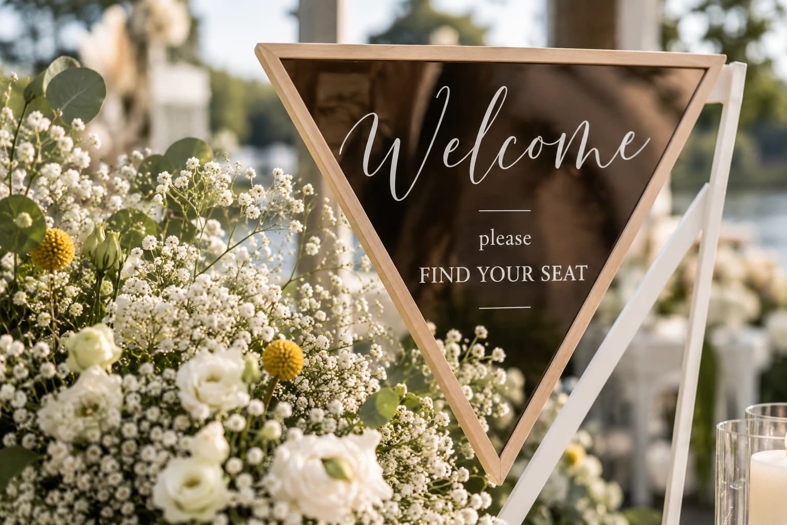 Willkommensschild „Welcome – please find your seat“ zwischen weißen Blumen