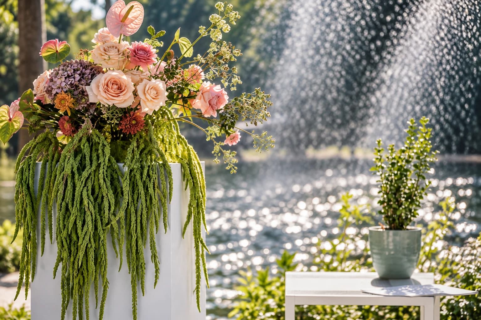 Blumengesteck mit Rosen und Amarant vor der Fontäne im Fluss