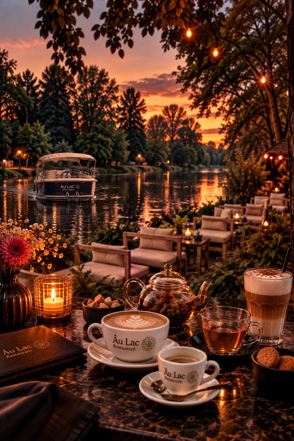 Cappuccino und Espresso in Âu Lac Tassen, eine gläserne Teekanne mit Tee und ein Latte macchiato auf einem Tisch am Fluss bei Sonnenuntergang, dahinter das Boot Âu Lac Riverside auf dem Wasser