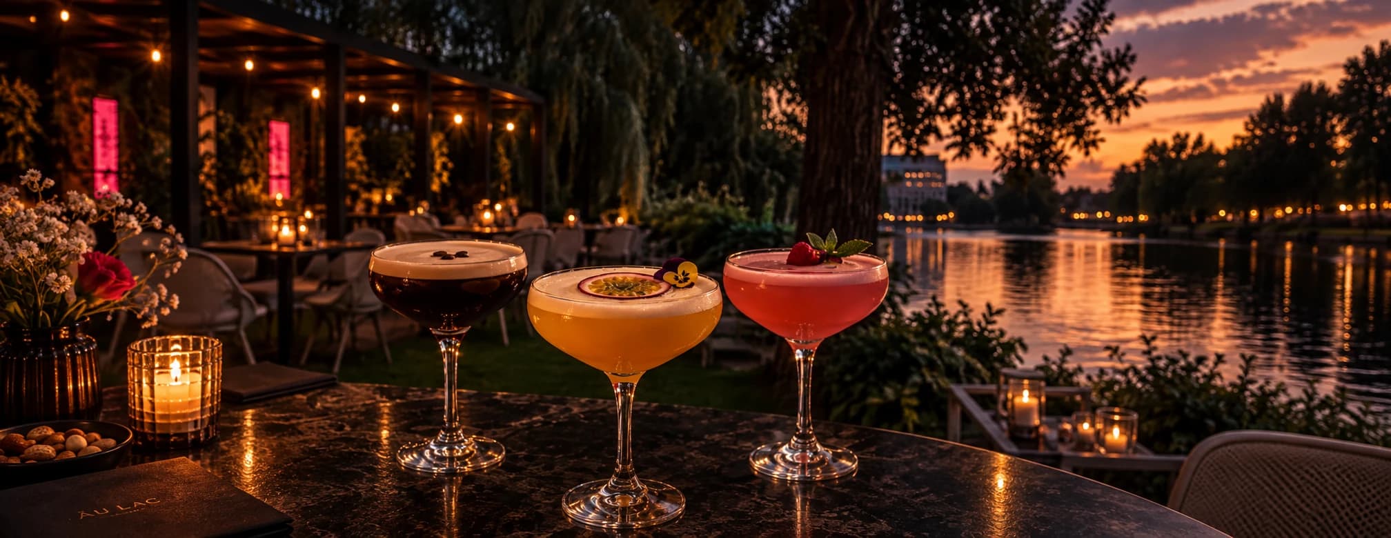 Espresso Martini, Pornstar Martini und Pink Rush auf einem Tisch der Âu Lac Terrasse am Fluss bei Sonnenuntergang
