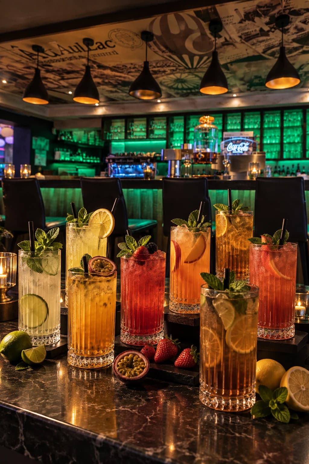 Hausgemachte Limonaden und Eistees in hohen Gläsern auf der Bar des Âu Lac: Minze, Limette, Erdbeere und Maracuja vor der grün beleuchteten Flaschenwand