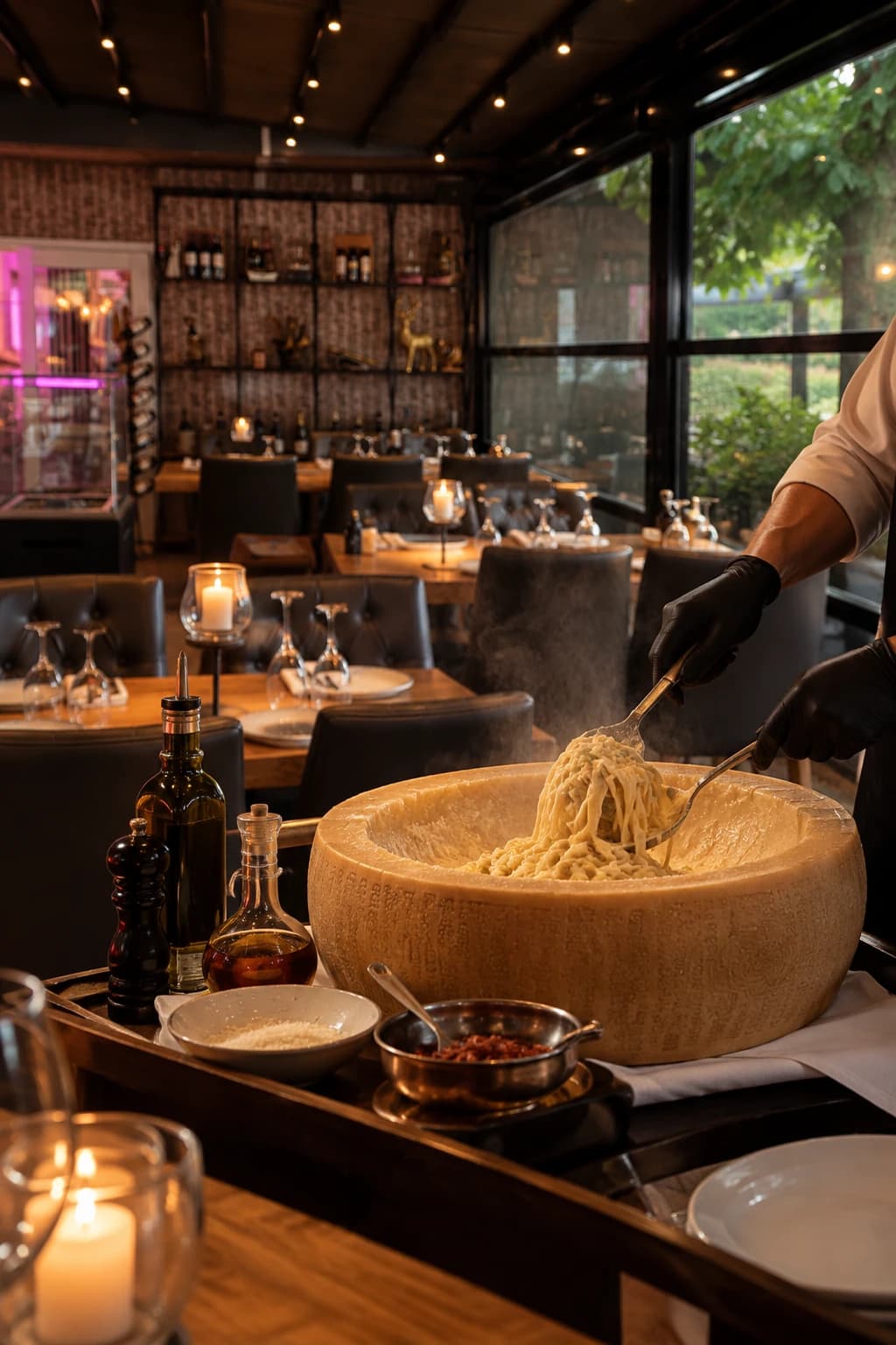 Pasta wird am Tisch in einem Parmesanlaib geschwenkt, dahinter der Gastraum des Âu Lac mit Kerzen, Weinregal und Fensterfront